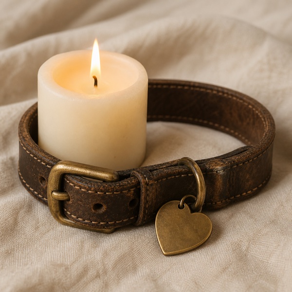 A remembrance candle beside a worn pet collar