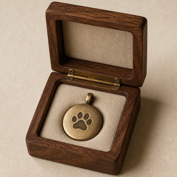 A brass pet memorial pendant in a solid walnut heirloom box