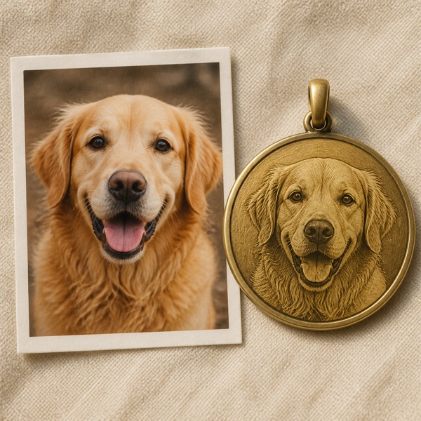 A dog photo beside its matching engraved pendant